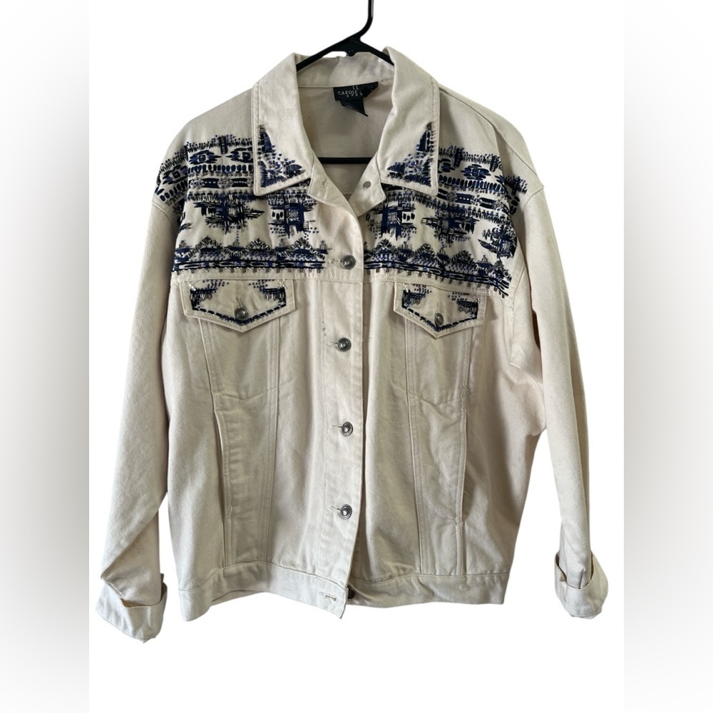 Vintage cotton ivory denim jean jacket embroidered and beaded
